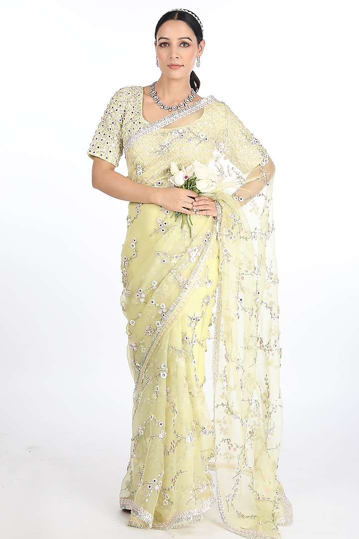 Lemon Yellow Organza Saree Set by Summer by Priyanka Gupta