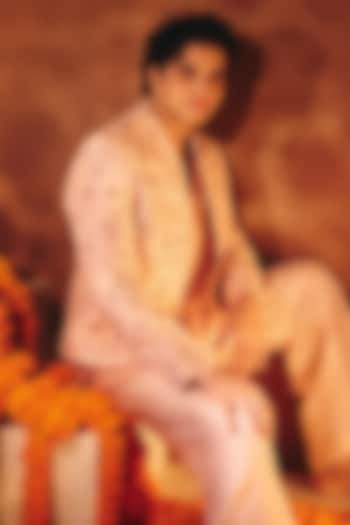 Salmon Pink Tussar Silk Mirror Dori Work Jacket Set by NAFS at Pernia's Pop Up Shop