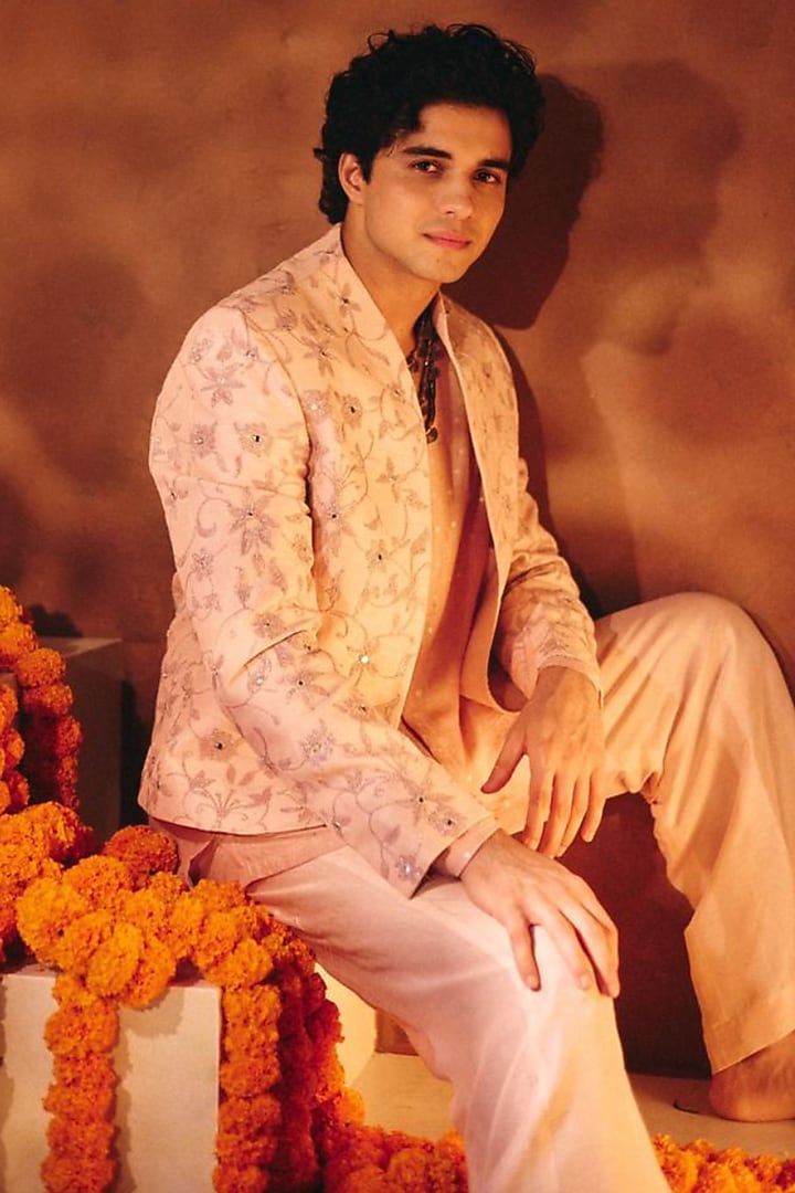 Salmon Pink Tussar Silk Mirror Dori Work Jacket Set by NAFS at Pernia's Pop Up Shop