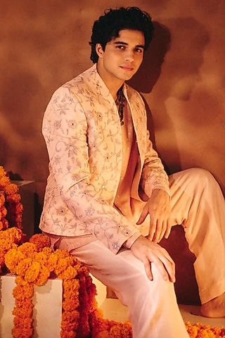 Salmon Pink Tussar Silk Mirror Dori Work Jacket Set by NAFS