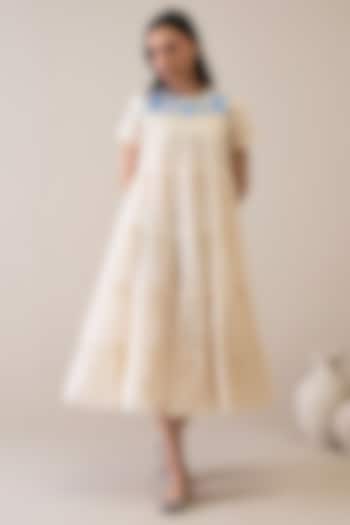 Ivory & Blue Handloom Silk Organza Floral Embroidered Summer Dress by RoohbyRidhimaa at Pernia's Pop Up Shop