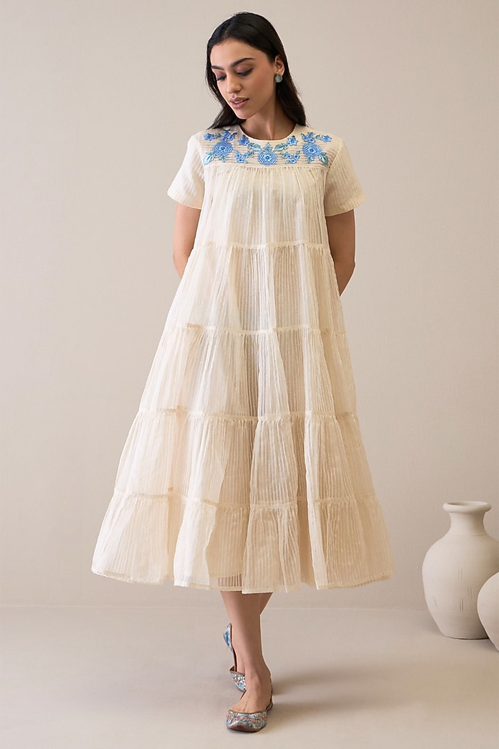 Ivory & Blue Handloom Silk Organza Floral Embroidered Summer Dress by RoohbyRidhimaa at Pernia's Pop Up Shop