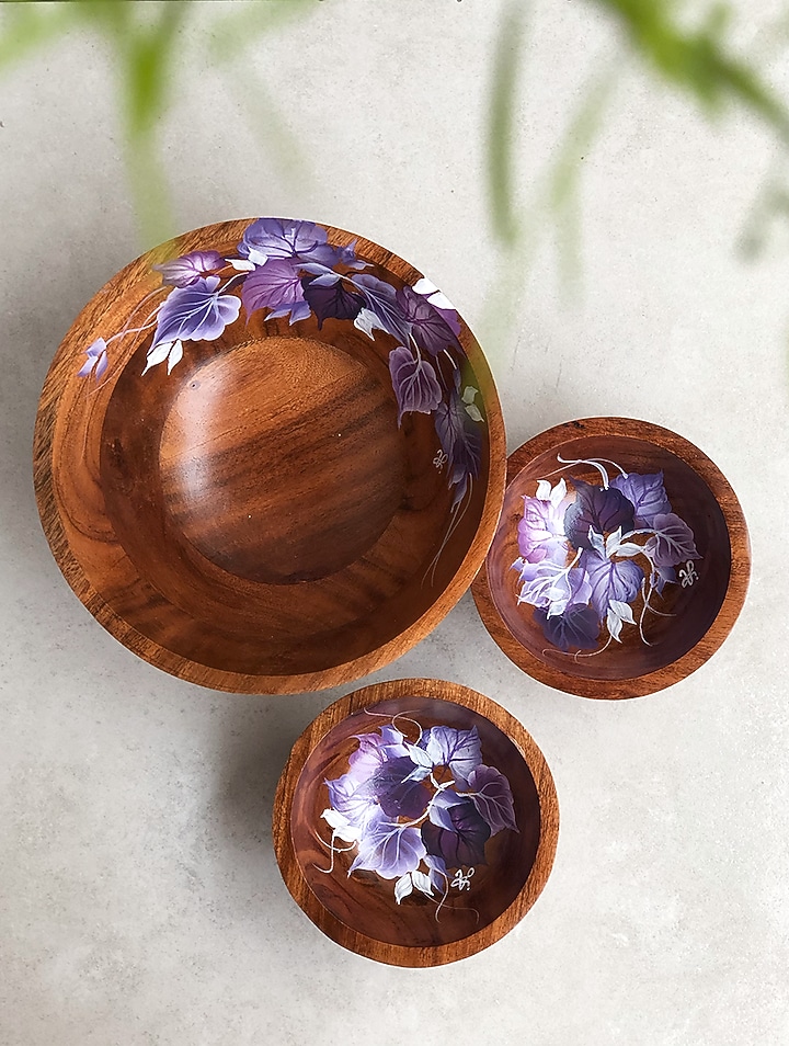 Natural Brown Hand Painted Acacia Wood Bowl by FLOURSHA at Pernia's Pop Up Shop