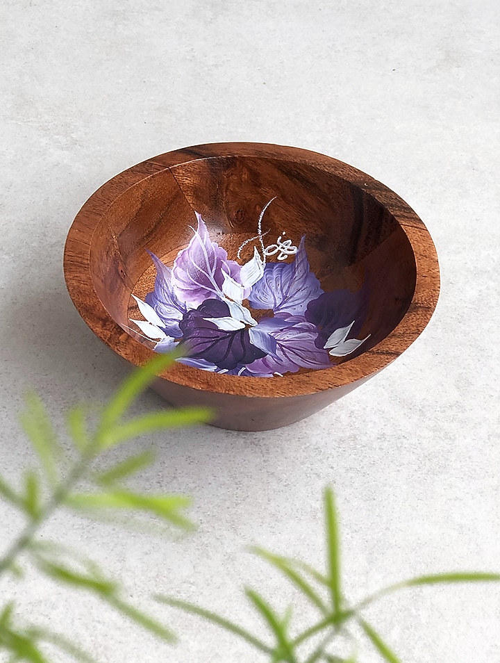 Natural Brown Hand Painted Acacia Wood Bowl by FLOURSHA at Pernia's Pop Up Shop