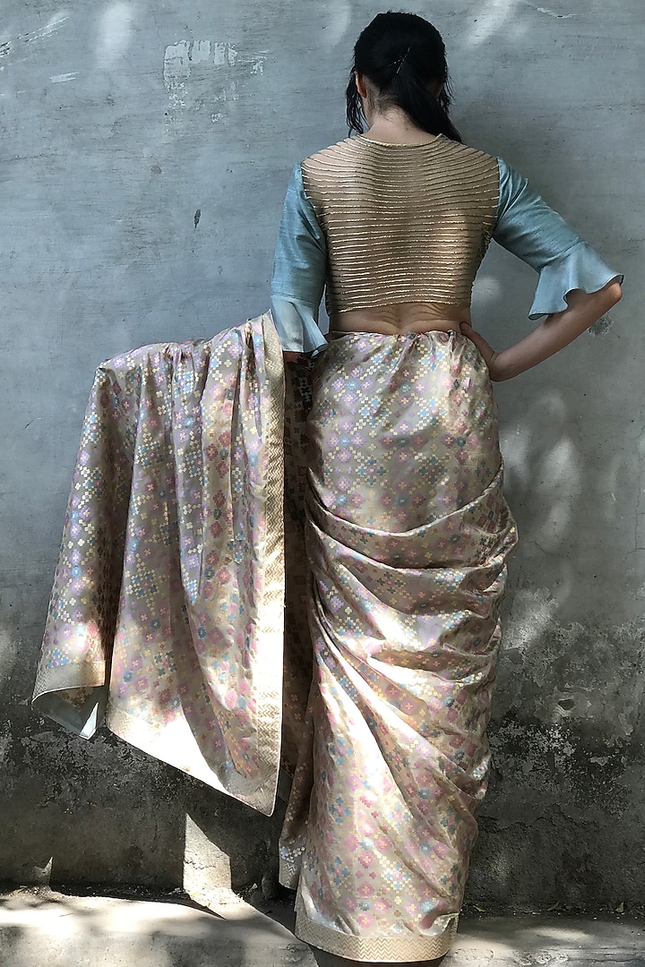 Beige Silk Ikat Printed Wedding Saree Set by I AM DESIGN at Pernia's Pop Up Shop