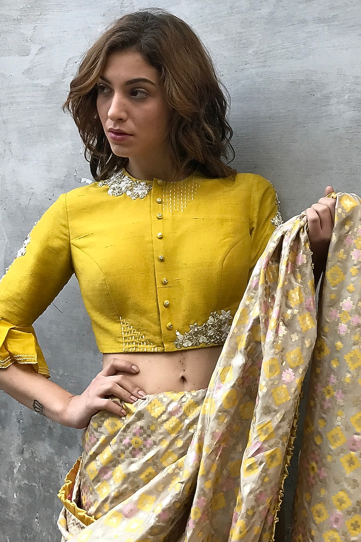 Beige Gold Printed Wedding Saree Set by I AM DESIGN at Pernia's Pop Up Shop