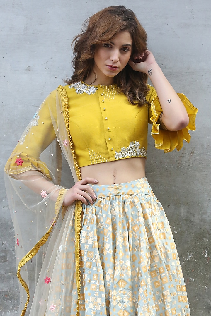 Mint Green & Mustard Printed Wedding Lehenga Set by I AM DESIGN at Pernia's Pop Up Shop