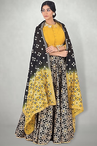 Black Ikat Print Skirt and Mustard Embroidered Crop Top Set by I AM DESIGN