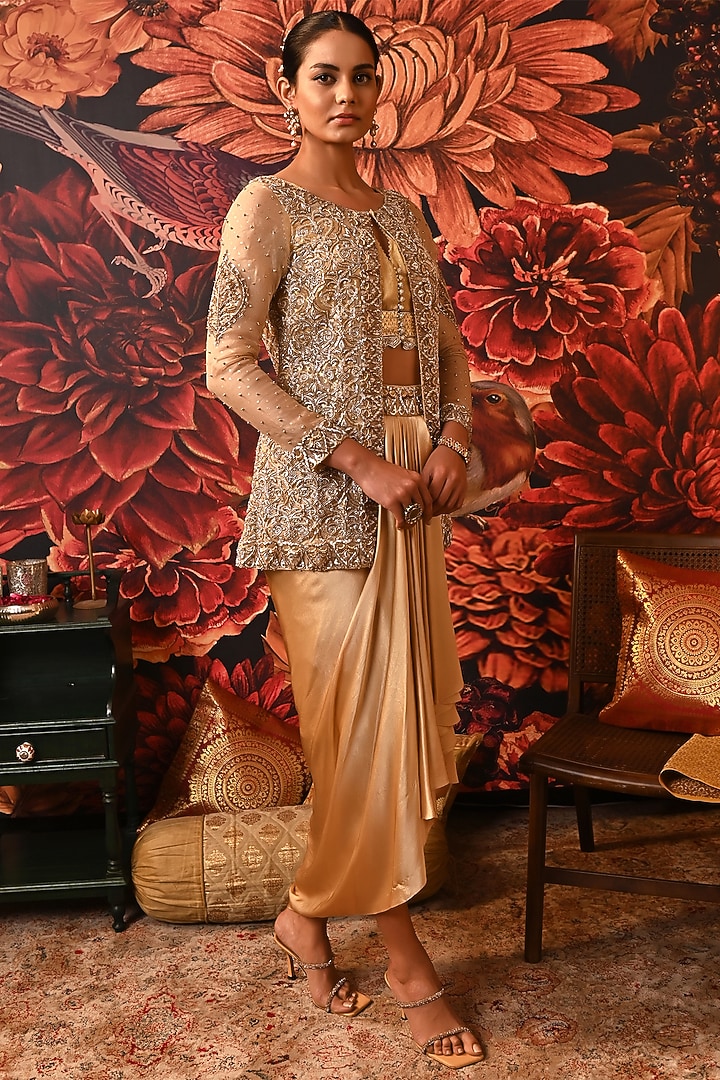 Gold Pure Silk Organza Printed & Embellished Jacket Set by MOLEDRO at Pernia's Pop Up Shop