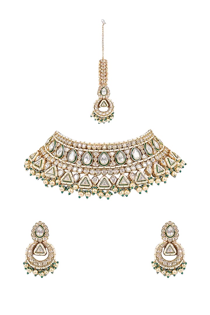 Gold Finish Kundan Polki & Green Stone Necklace Set by Tussya at Pernia's Pop Up Shop
