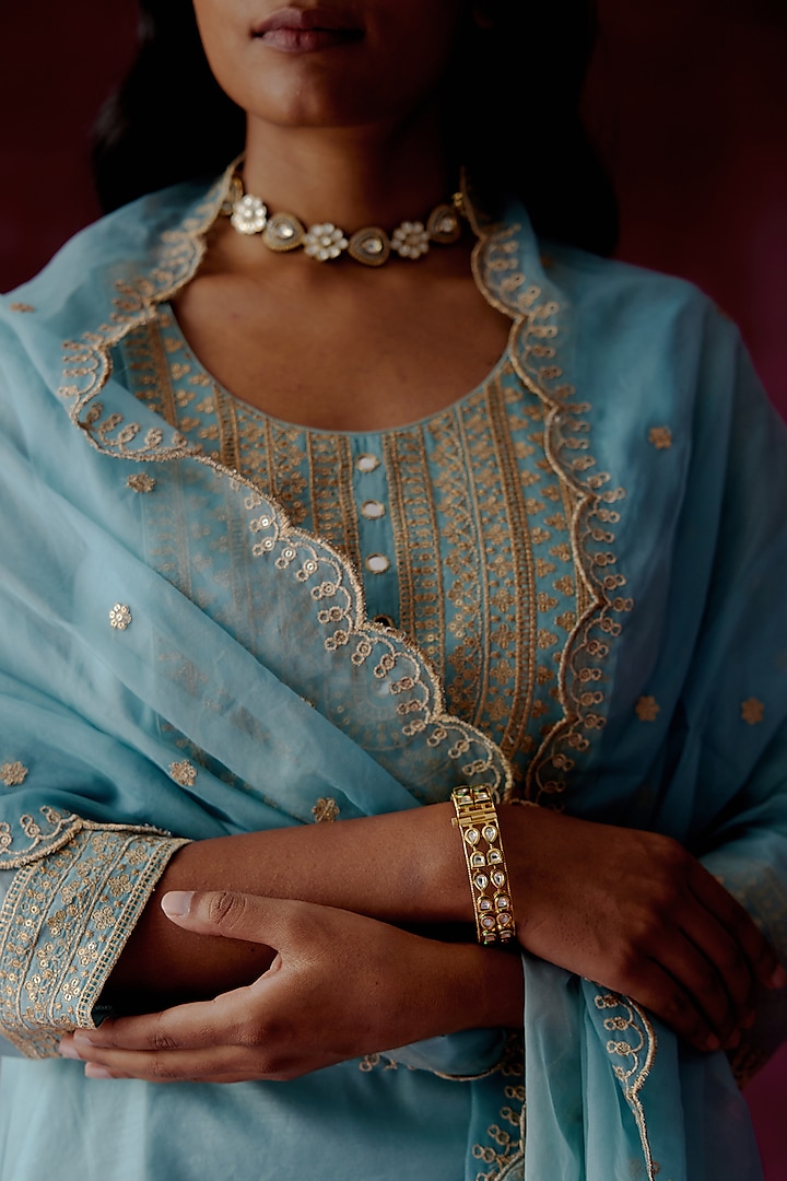 Powder Blue Kurta Set With Embroidery by POULI at Pernia's Pop Up Shop