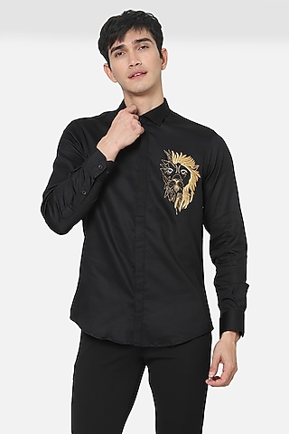 Black Cotton Lycra Zari Embellished Shirt by Komal Kothari