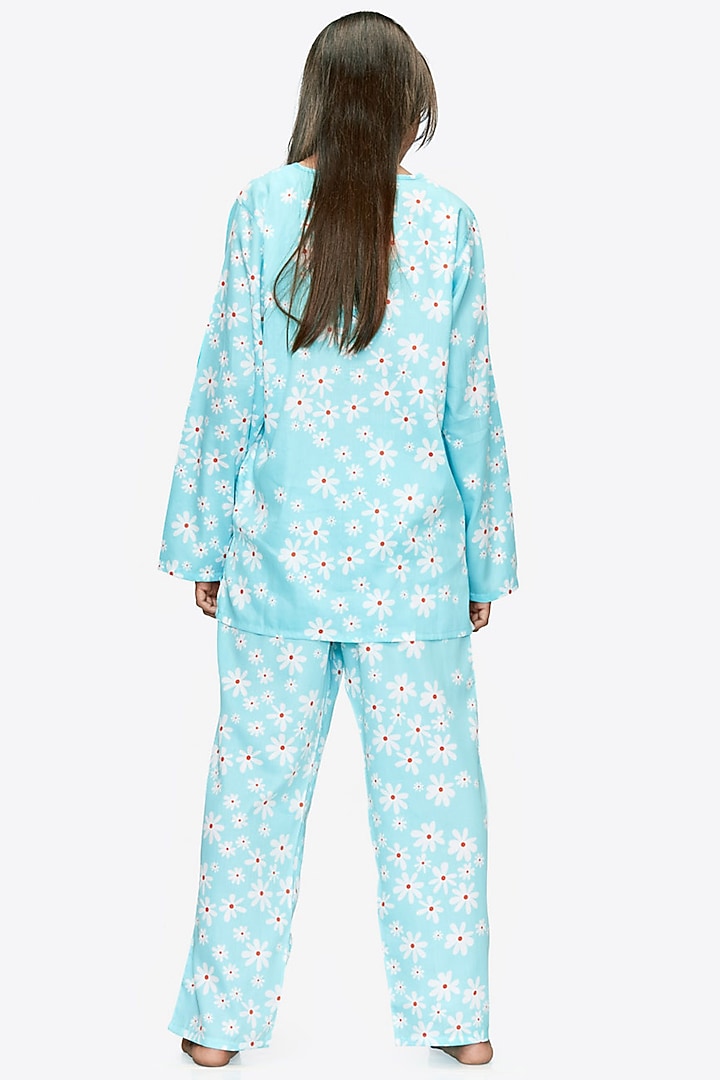Turquoise Cotton Printed Night Suit For Girls by Nigh Nigh label at Pernia's Pop Up Shop