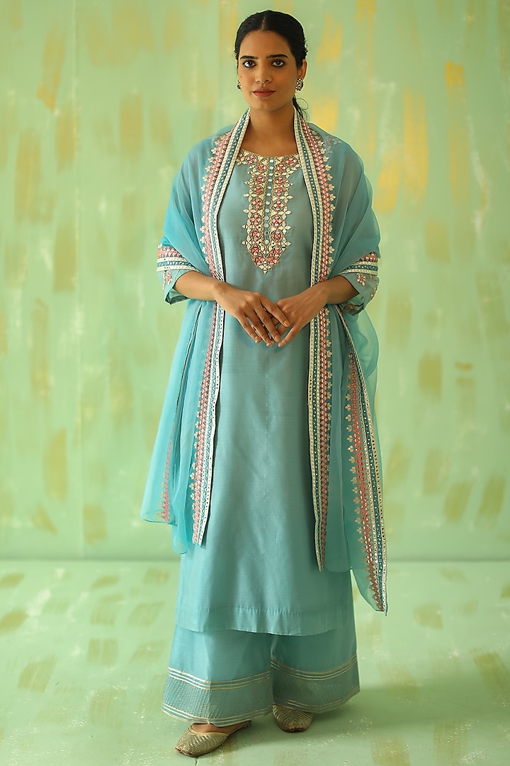 Powder Blue Sequins Embroidered Kurta Set by Tabeer