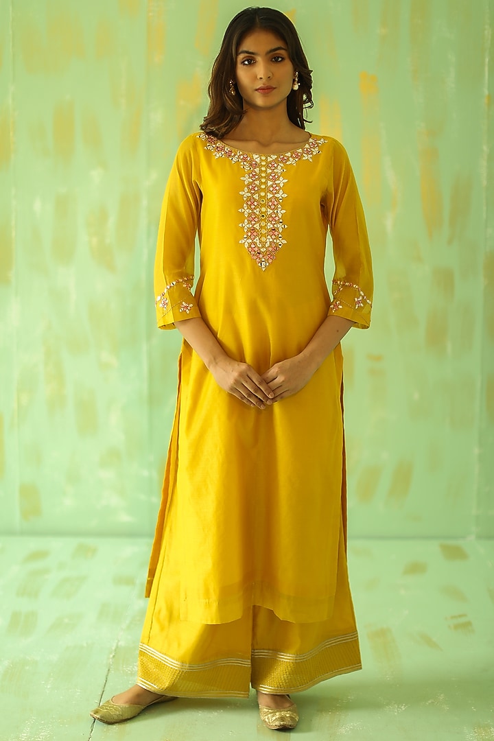 Ochre Yellow Embroidered Kurta Set by POULI at Pernia's Pop Up Shop