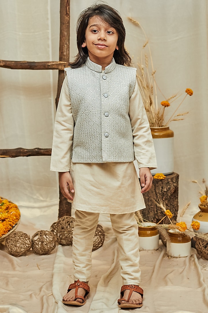 Blue Banglore Silk Lucknowi Jacket With Kurta Set For Boys by All Boy Couture