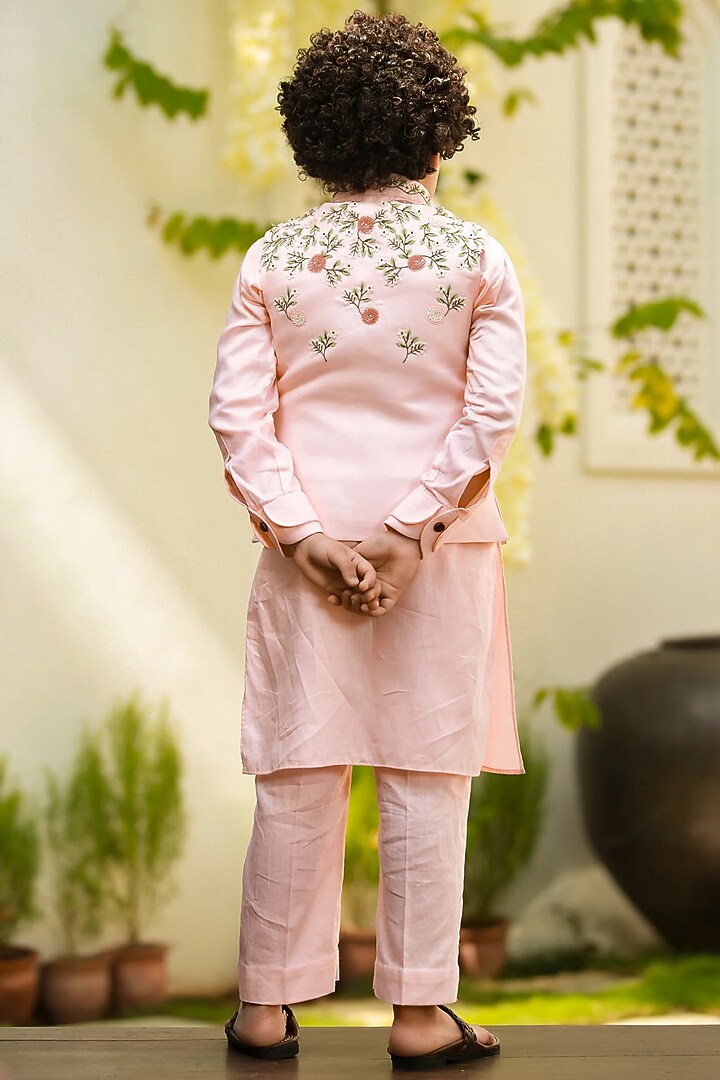 Peach Hand Embroidered Nehru Jacket For Boys by Littleens at Pernia's Pop Up Shop