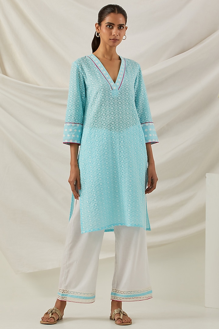 Blue Pure Cotton Chikankari Embroidered Kurta Set by The Indian Cause at Pernia's Pop Up Shop