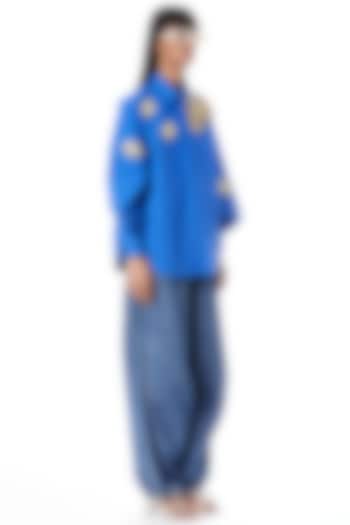 Blue Cotton Hand Embellished Shirt by Kanika Goyal at Pernia's Pop Up Shop