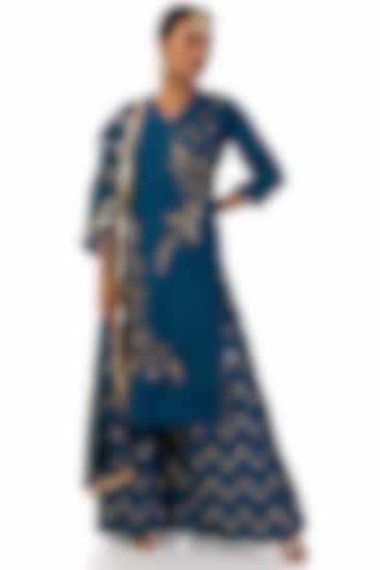 Dark Blue Kurta Set With Hand Embroidery by Meghna Shah