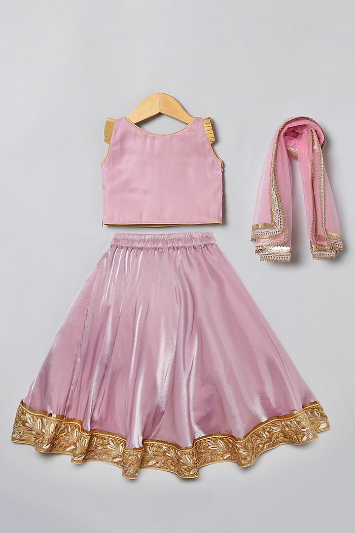 Pink Glass Tissue Embroidered Lehenga Set For Girls by BYB PREMIUM at Pernia's Pop Up Shop
