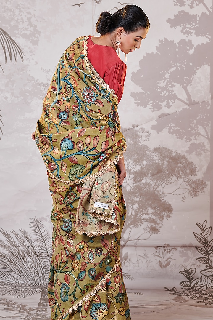 Olive Green Silk Floral Hand-Painted Kalamkari & Embroidered Wedding Saree Set by AAMRA BY LAVANYA at Pernia's Pop Up Shop