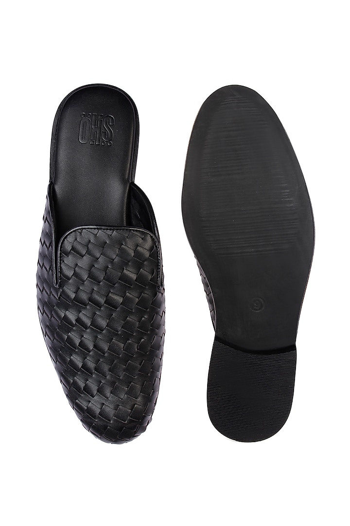Black Vegan Leather Hand Woven Mules by SKO Men at Pernia's Pop Up Shop