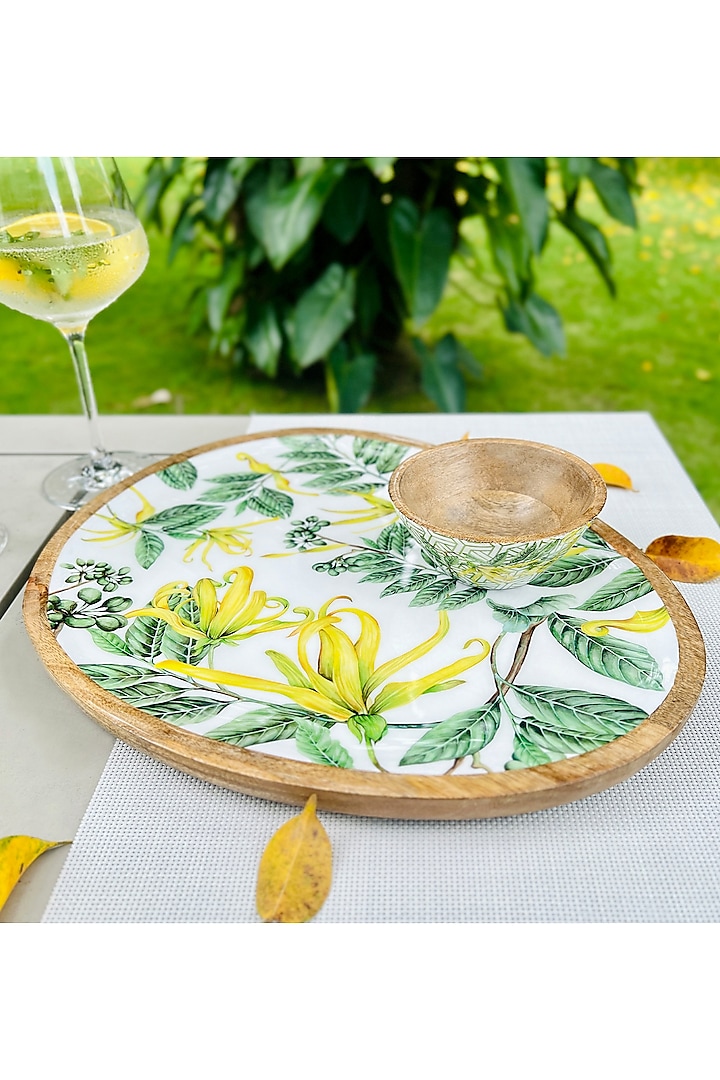 Yellow & Green Mango Wood Bowl & Platter (Set Of 2) by Faaya Gifting