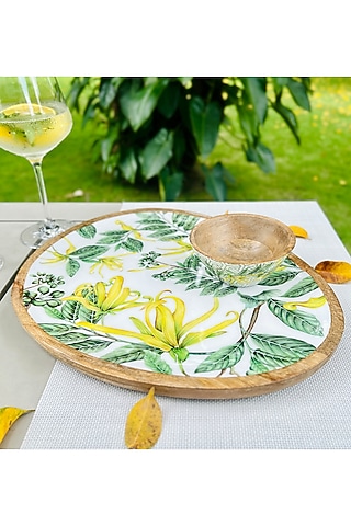 Yellow & Green Mango Wood Bowl & Platter (Set Of 2) by Faaya Gifting