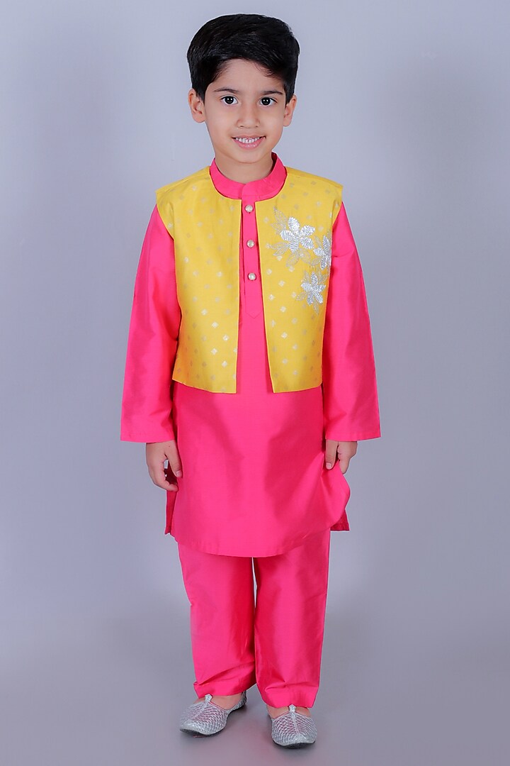 Yellow Polyester Foil Printed & Embroidered Nehru Jacket For Boys by Lil Drama