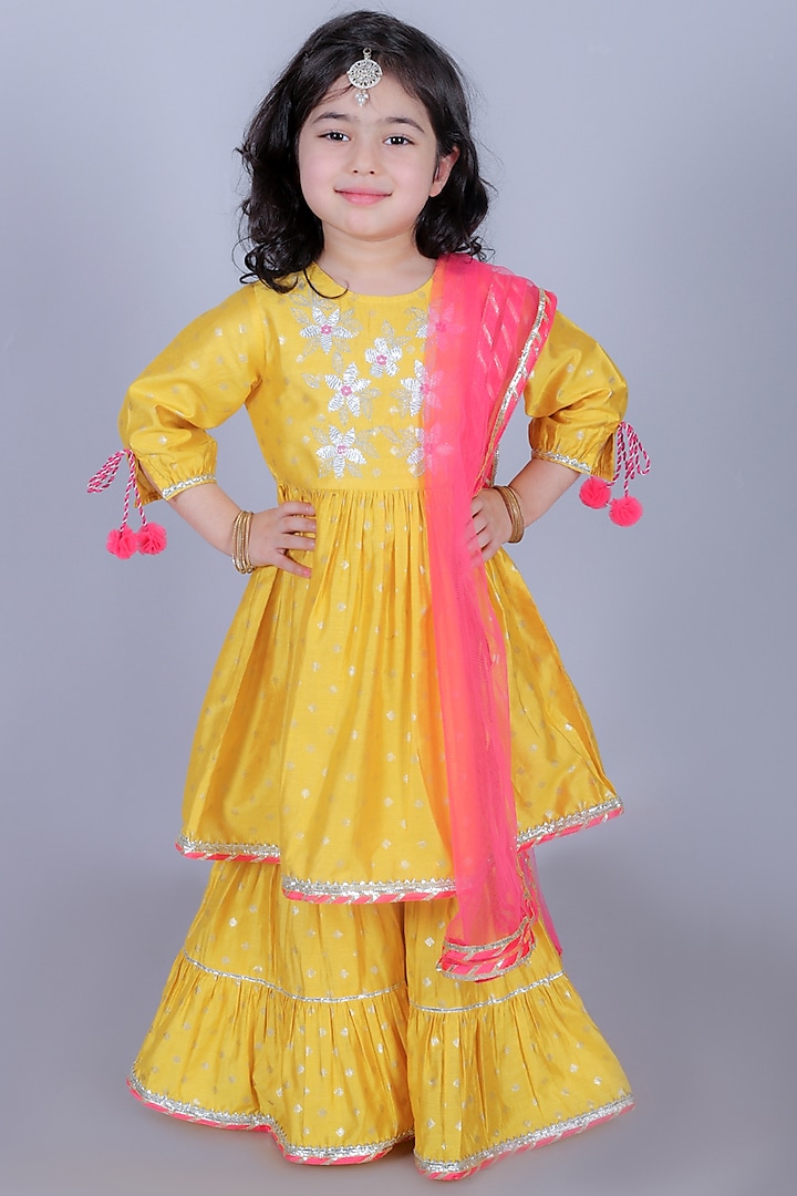 Yellow Viscose Rayon Sharara Set For Girls by Lil Drama at Pernia's Pop Up Shop