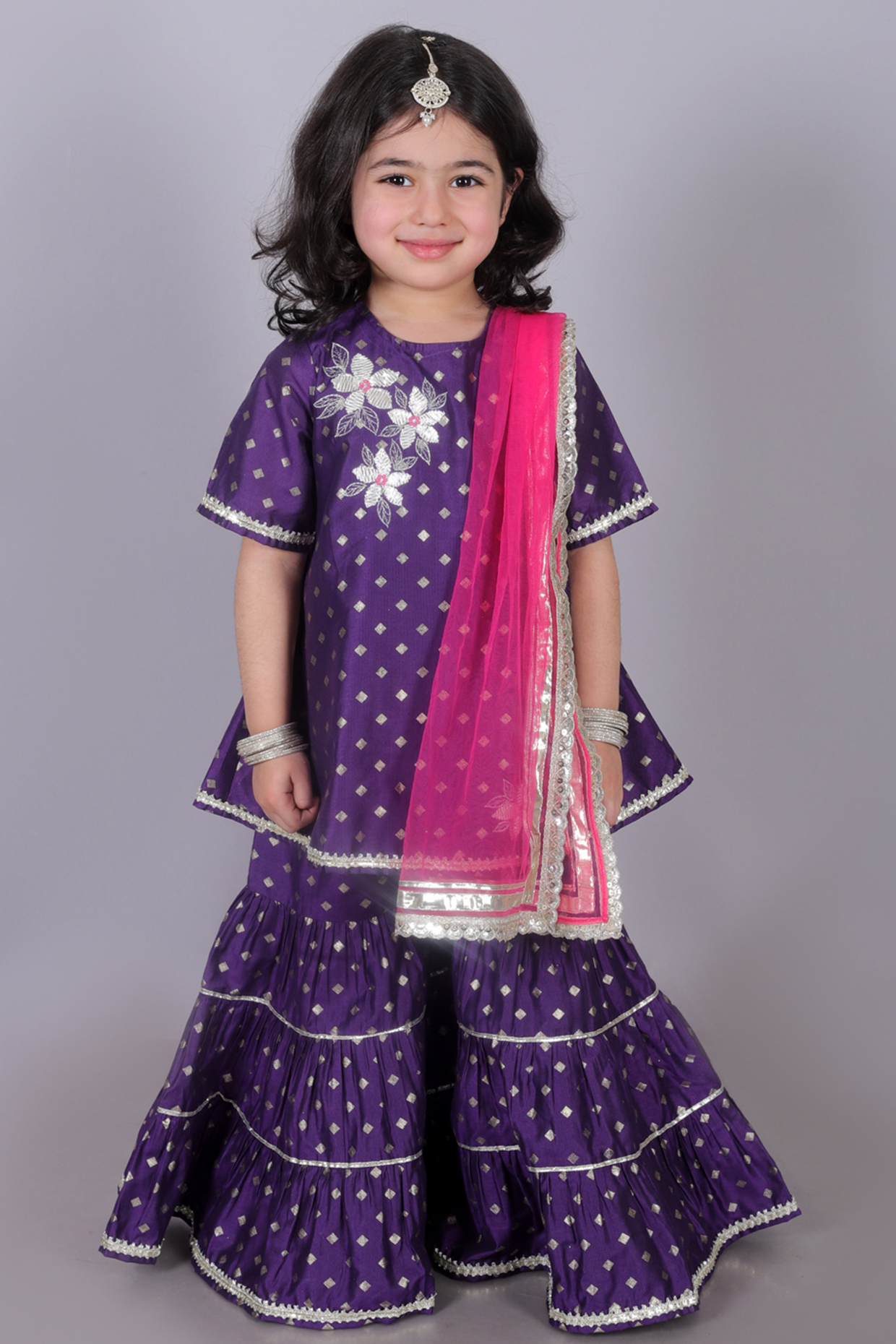 Purple Viscose Rayon Foil Printed Sharara Set For Girls by Lil Drama at Pernia's Pop Up Shop