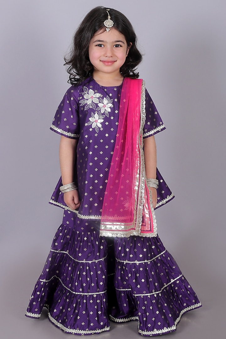 Purple Viscose Rayon Foil Printed Sharara Set For Girls by Lil Drama at Pernia's Pop Up Shop