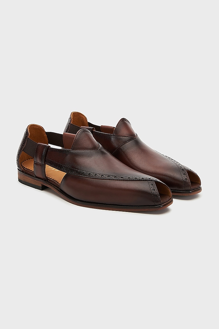Brown Leather Peshawari Sandals by Nauvab at Pernia's Pop Up Shop