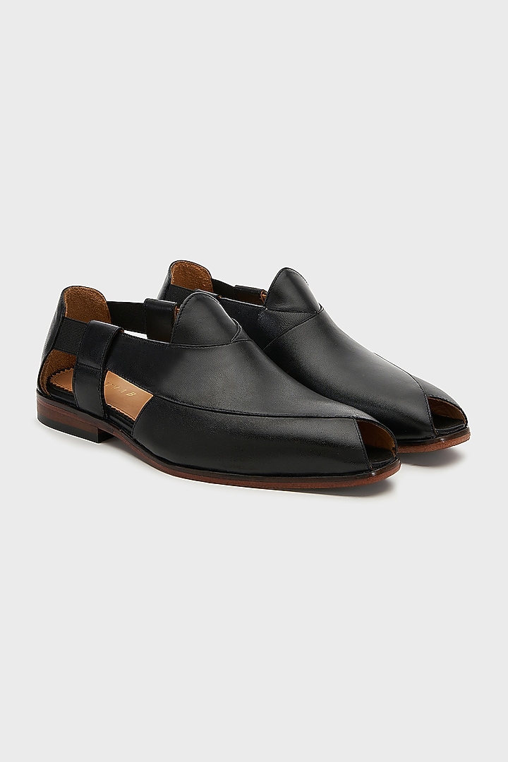 Black Leather Peshawari Sandals by Nauvab at Pernia's Pop Up Shop
