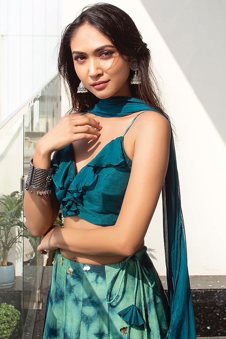 Bluish Green Tie-Dye Lehenga Set by Dhwaja at Pernia's Pop Up Shop