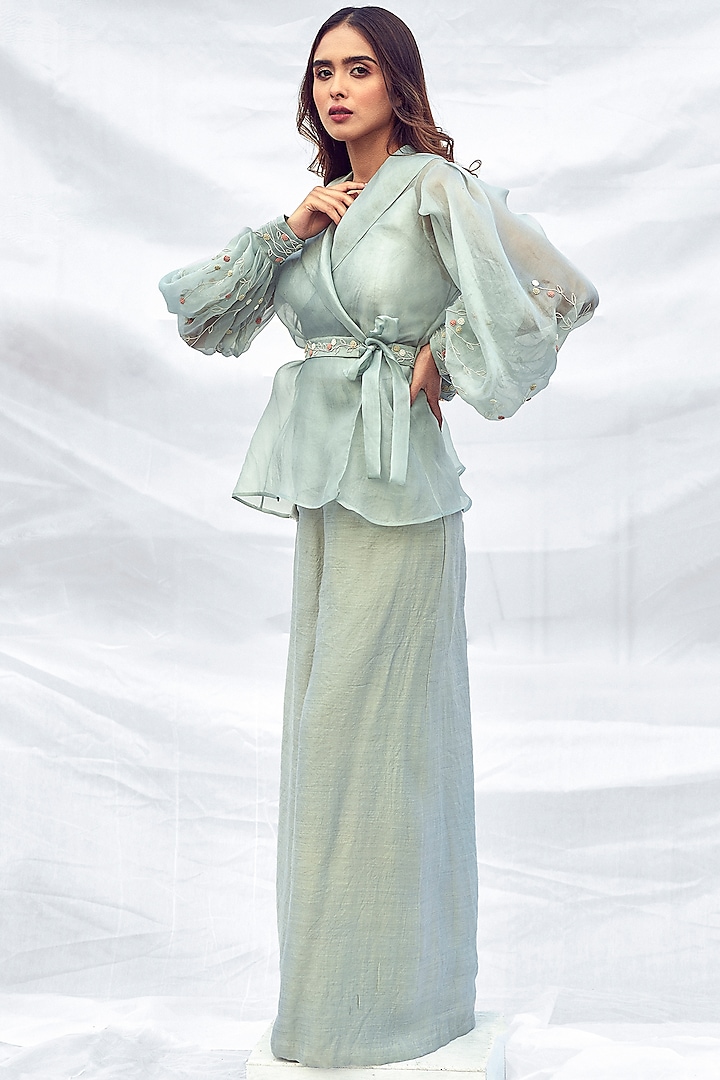 Sea Green Embroidered Jacket Set by Synonym