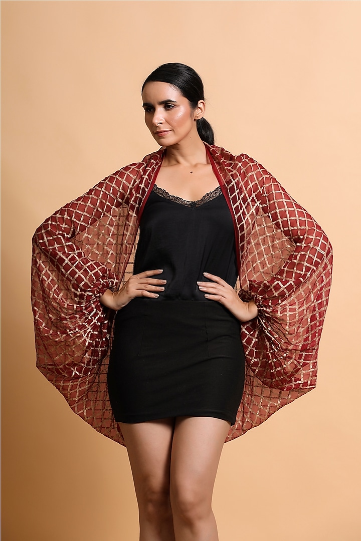 Deep Red Printed Cape With Balloon Sleeves by Pallavi Jaipur