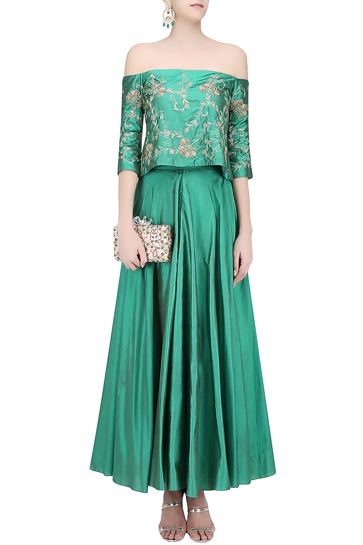 Jade green floral embroidered off shoulder top and skirt set available only at Pernia's Pop Up Shop.