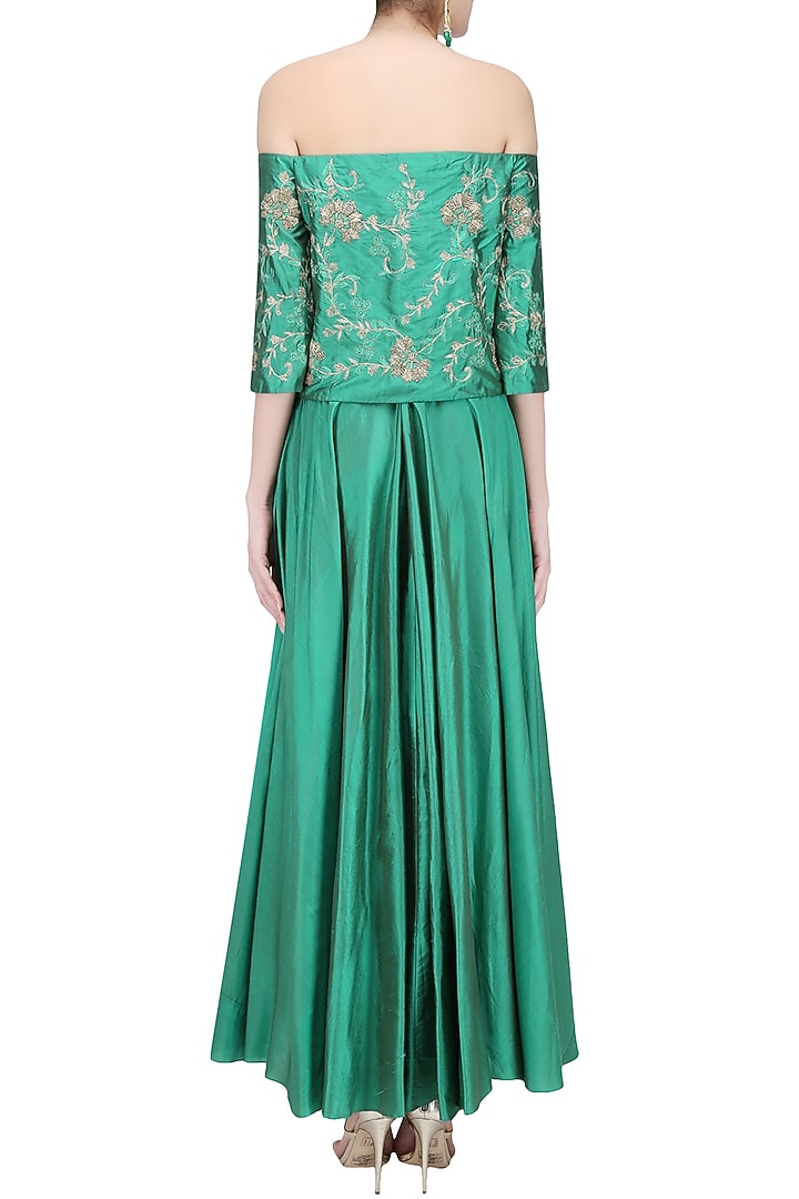 Jade green floral embroidered off shoulder top and skirt set available only at Pernia's Pop Up Shop.