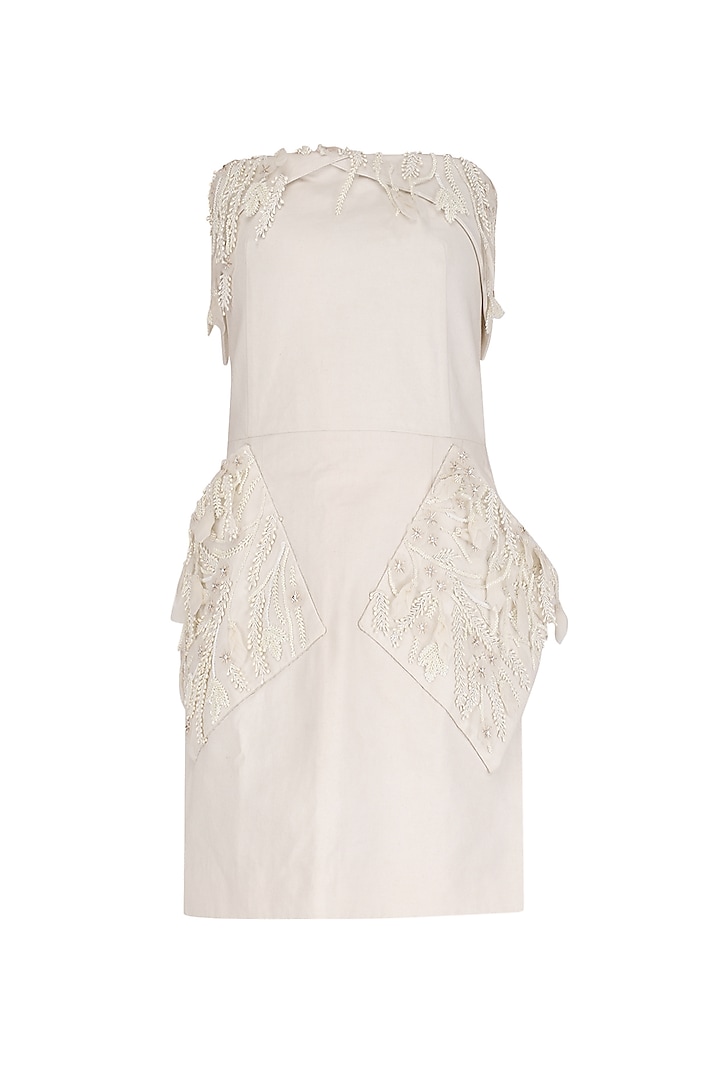 White Cotton Embellished Mini Dress by Shehla Khan