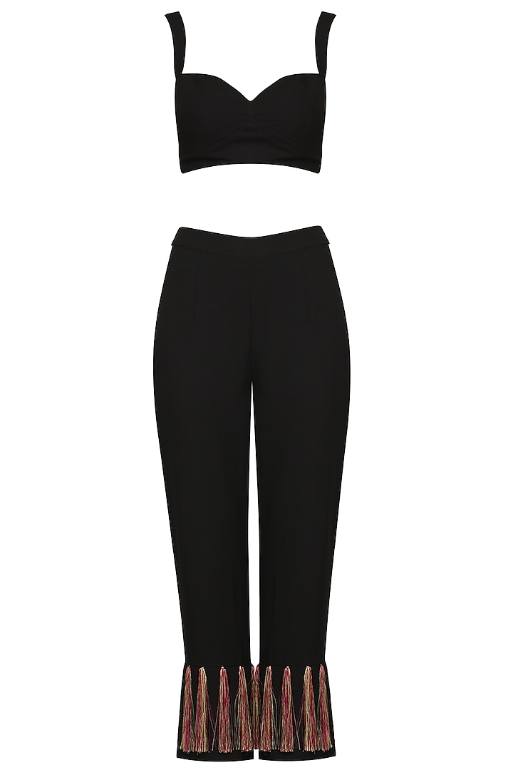 Black crop top with embroidered jacket and pants set available only at Pernia's Pop Up Shop.