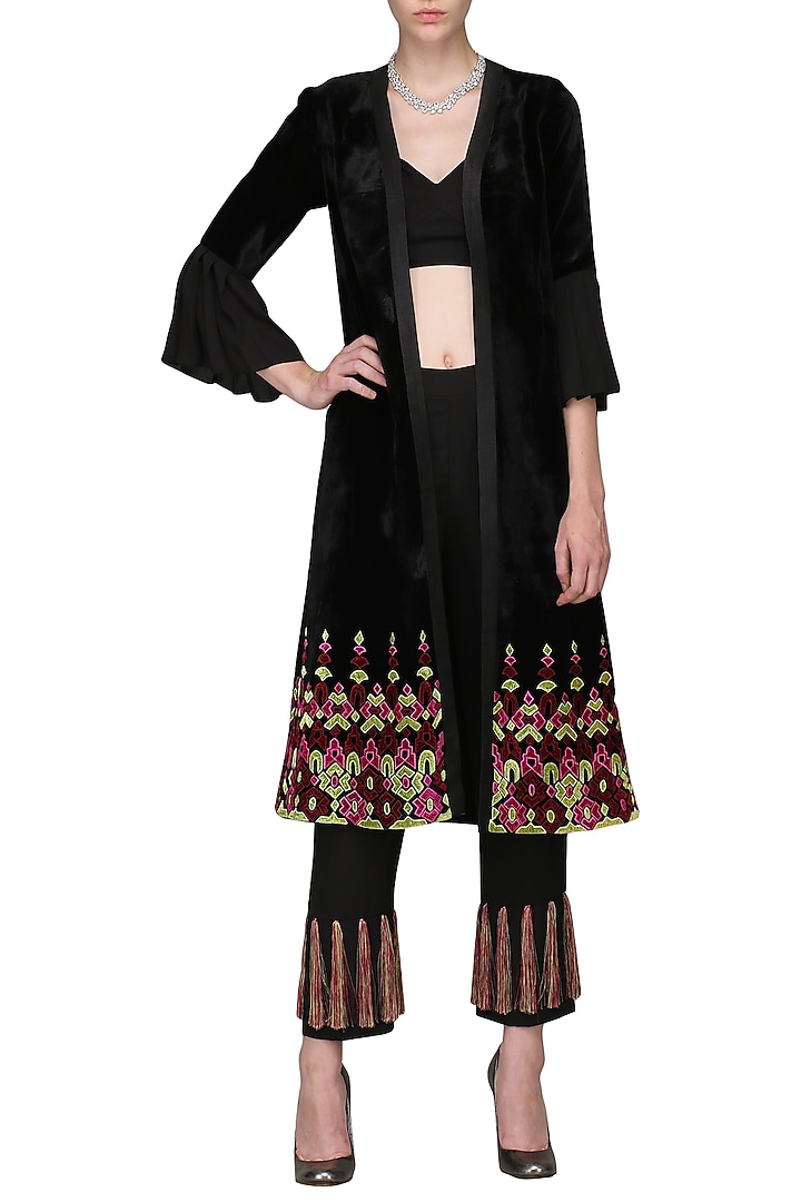 Black crop top with embroidered jacket and pants set available only at Pernia's Pop Up Shop.