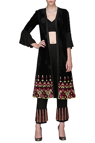 Black Crop Top and Embroidered Jacket and Pants Set by Chandni Sahi