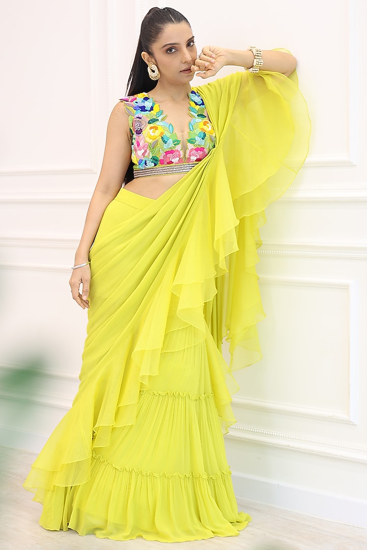 Yellow Georgette Layered Ruched Pant Saree Set by Dinesh Malkani
