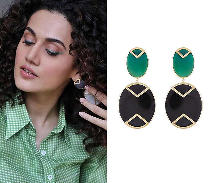 Gold Plated Handmade Green & Black Onyx Geometric Earrings by Varnika Arora at Pernia's Pop Up Shop