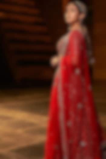 Crimson Red Raw Silk Dabka Embroidered Bridal Lehenga Set by NITIKA GUJRAL at Pernia's Pop Up Shop