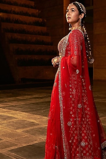 Crimson Red Raw Silk Dabka Embroidered Bridal Lehenga Set by NITIKA GUJRAL at Pernia's Pop Up Shop