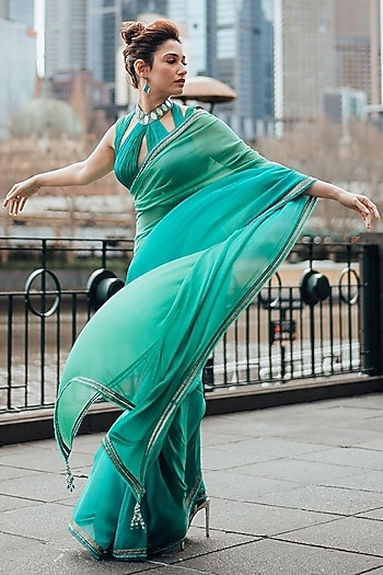 Forest Green Ombre Saree Set by Tarun Tahiliani