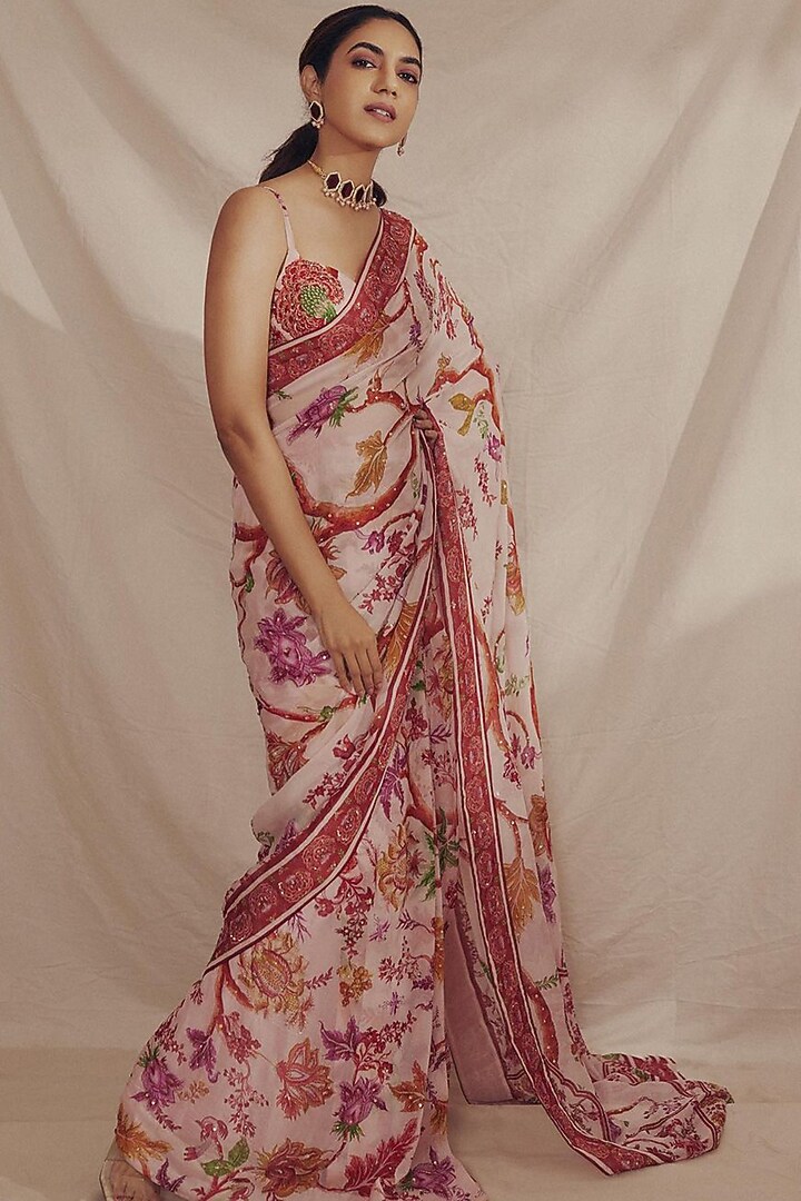 Blush Pink Embroidered Wedding Saree Set by Mahima Mahajan at Pernia's Pop Up Shop